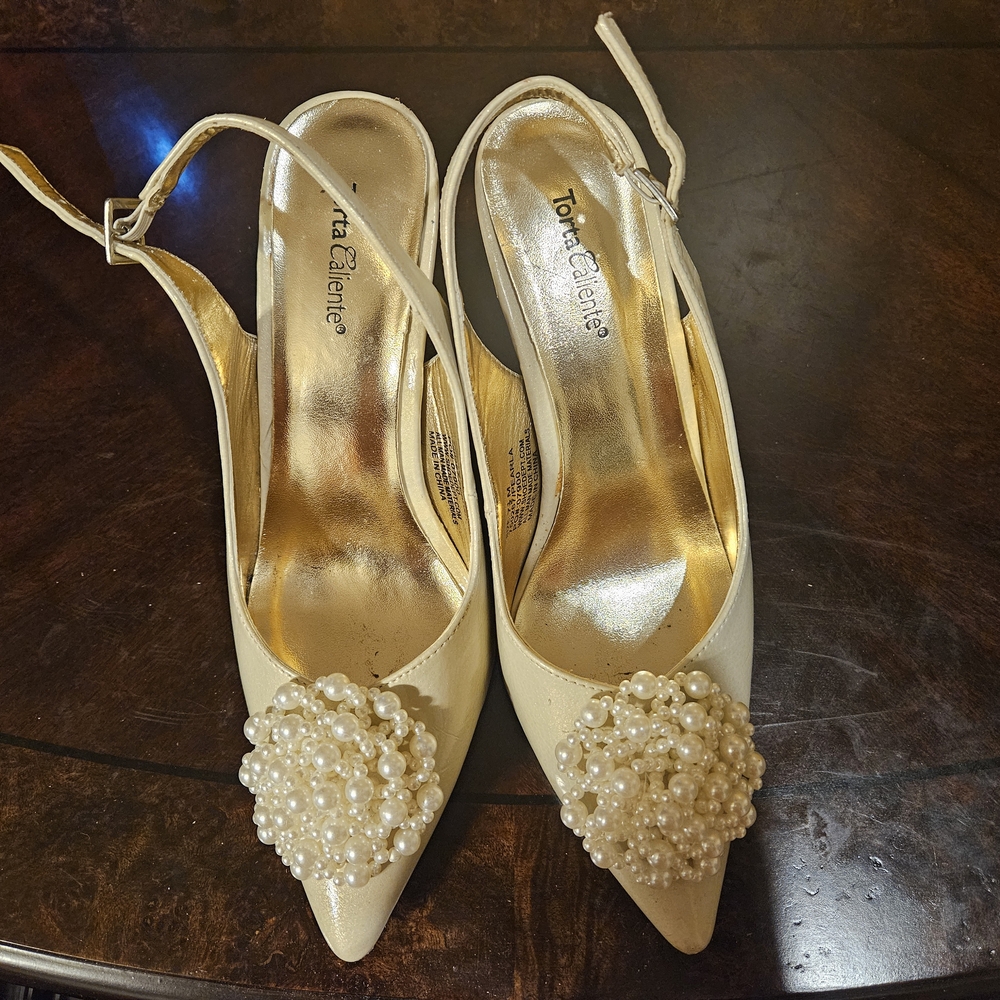 Torrid Cream Slingback Heels with Pearl Embellishment